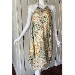 KAREN ZAMBOS VINTAGE COUTURE SILK SCARF DRESS FLORAL HALTER MIDI DRESS SZ S